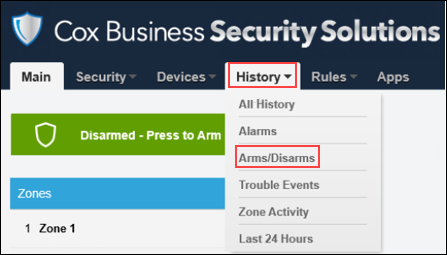 Image of Security Solutions Detection web portal highlighting History tab and Arms/Disarms